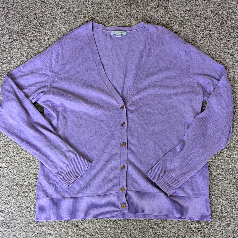 New York & Company Women's Purple Knit Cardigan Sweater XL Solid V-Neck Buttons